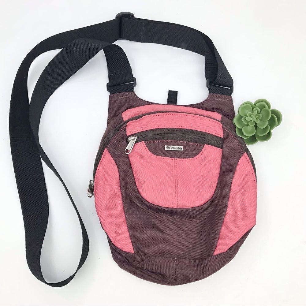 Columbia Pink Brown Nylon Canvas Mini Sport Performance Crossbody Bag